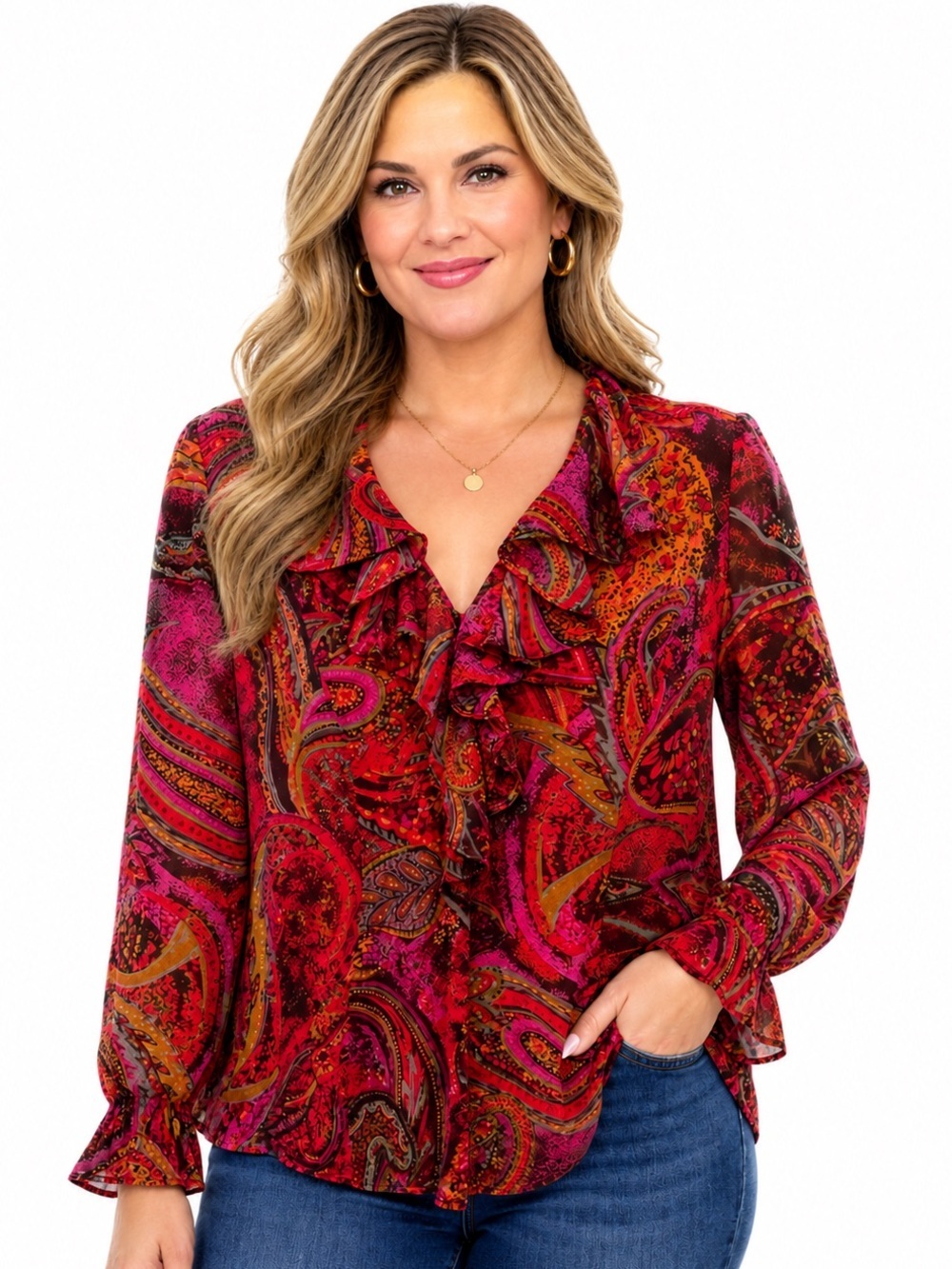 Coldwater Creek Vibrant Paisley Ruffle V Neck Blouse Boho Top Sz L Petite
